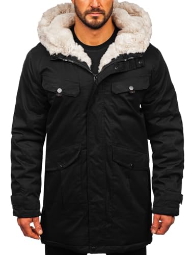 BOLF Herren Parka Jacke Winterjacke Gefüttert mit Kapuze Wintermantel Kapuzenjacke Lang Wärm Winter Herbst Freizeit Outdoor Casual Style 22M318 Schwarz XL [4D4]