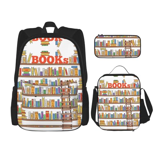 WURTON Lustige Bücherregale Kollektion und Leiter-Druck, 3-in-1-Sets, lässig, verstellbar, Schulter-Rucksack, Lunch-Tasche, Federmäppchen, Beutel, Schwarz, Einheitsgröße