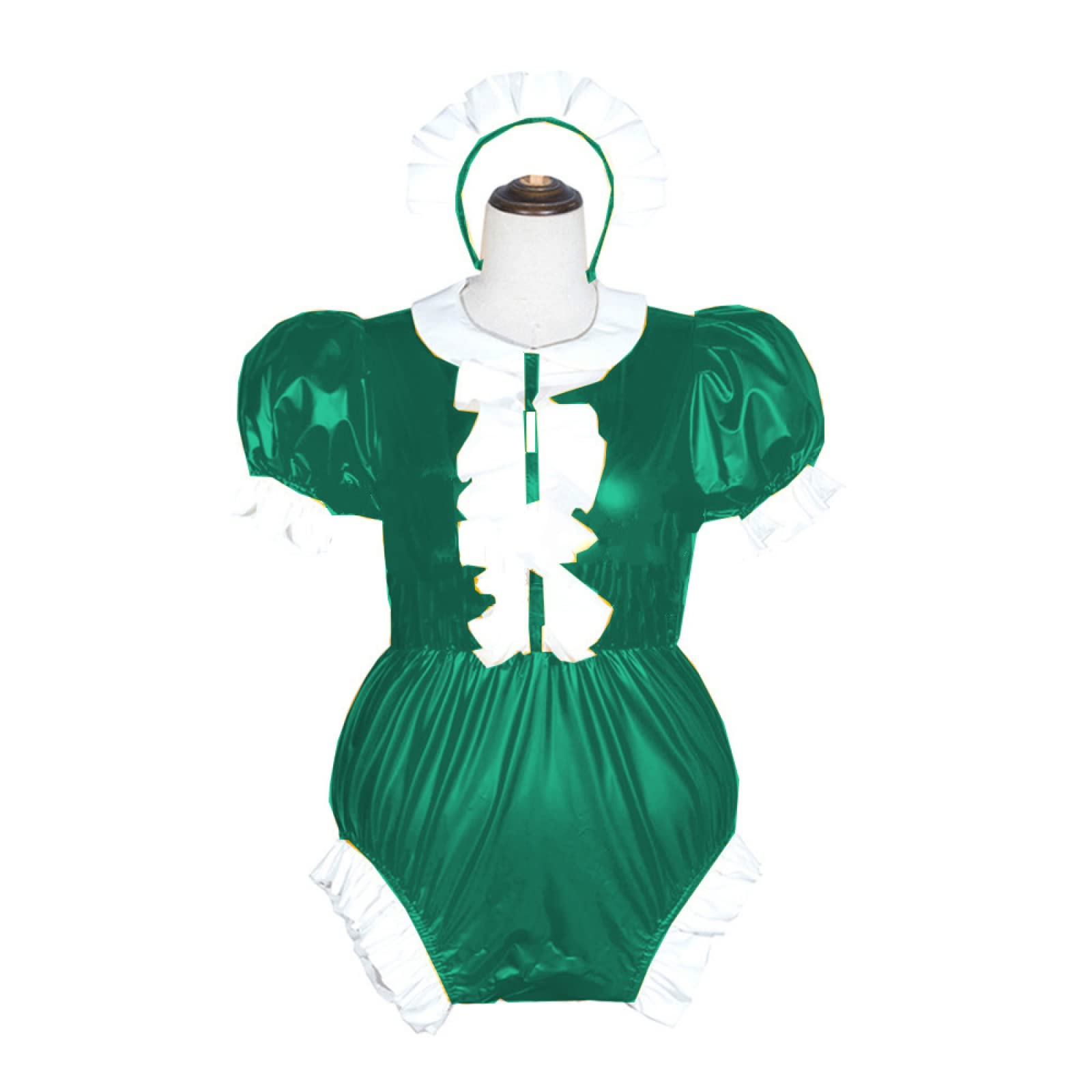 Damen-Body aus PVC, Wetlook, Mädchen, Rollkragen, Bodysuit, Leder, Puffärmel, Jumpsuit, Pfauengrün, XXL