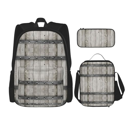 WURTON Barn Door1 Bedruckter trendiger Rucksack, Tasche, Lunchbox und Federmäppchen, 3-in-1, verstellbares Rucksack-Set, Schwarz , Einheitsgröße