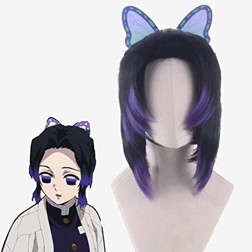 LINLINCD-Wig Anime Cosplay Ghost Blade Butterfly Through Anim Session Column Horse Short Send Cosplay Wig Black Zi Gradient