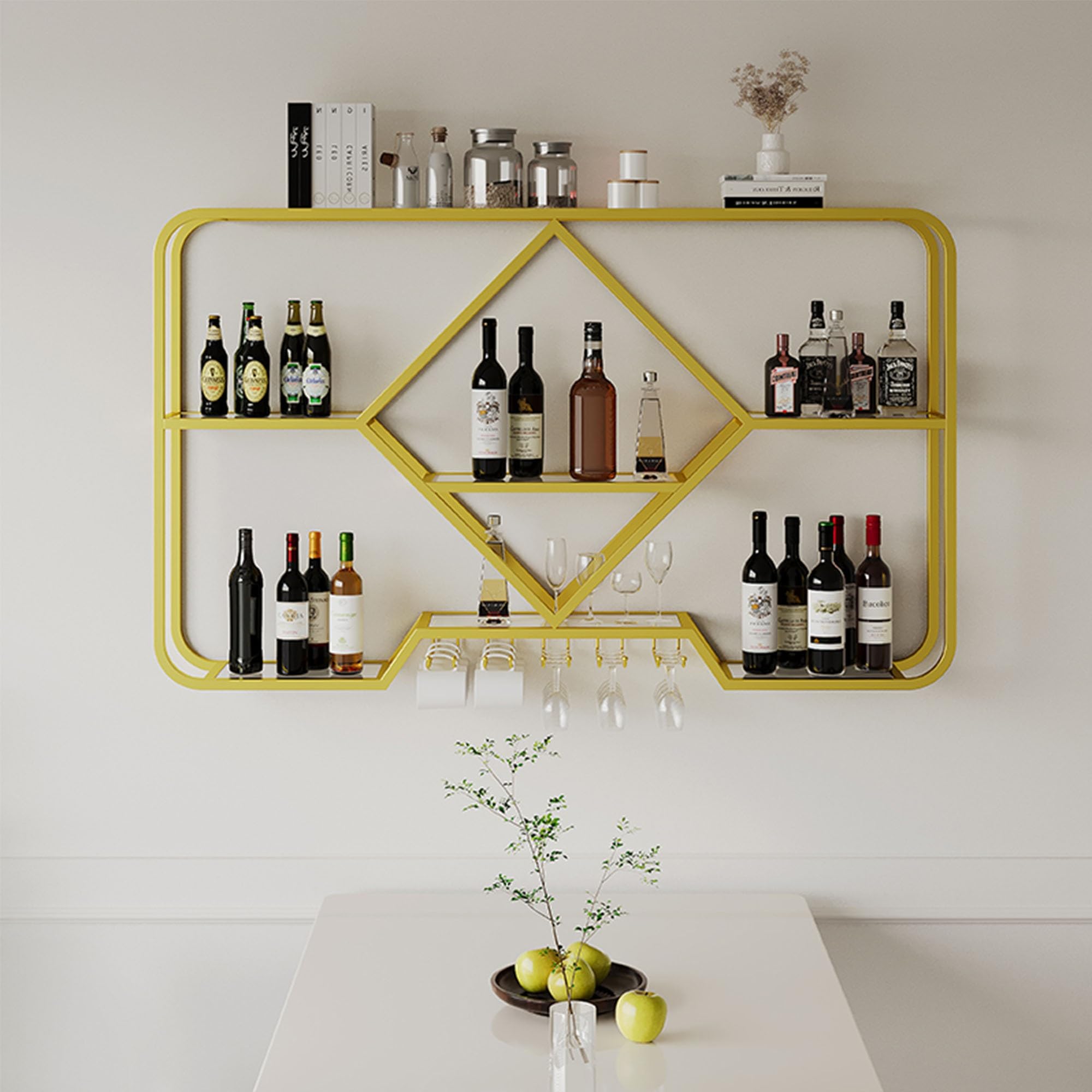 HSJFS Metall Wein Rack Wand Montiert Mit Hängendem Wein Glas Halter Rack Liquor Regal Mini Bar Küche Speicher Rack Wand Bar Schrank Liquor Flasche Display Regal Für Küche Esszimmer Bar Dekoration/D-No