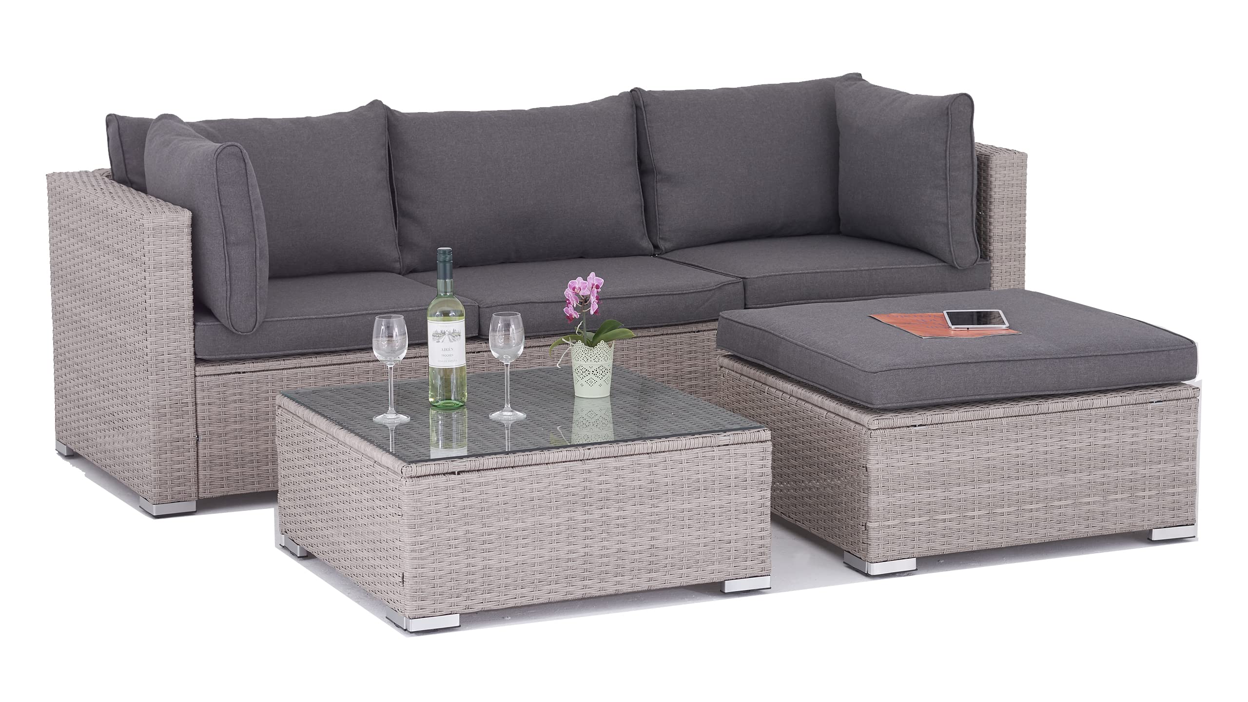 Enjoy Fit Polyrattan Lounge Sitzgruppe Gartenmöbel-Set Poly Rattan Garnitur 3 Sitzplätze, Modell Bali, Rattan: Hell-Grau/Bezüge: Grau