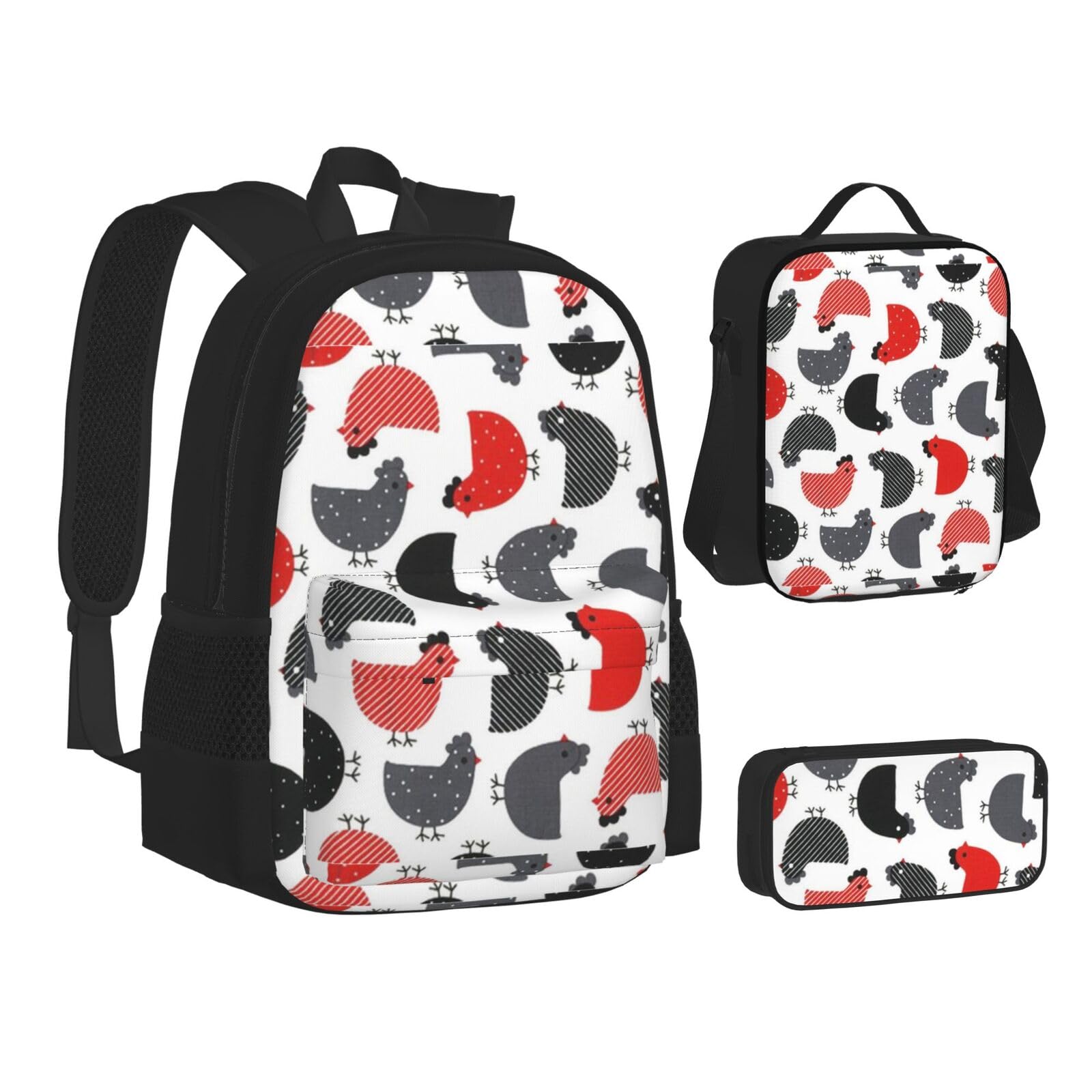 WURTON 3-in-1 Rucksack mit kreativem Cartoon-Huhn-Motiv, 3-in-1 (Federmäppchen + Schultasche + Lunchtasche)