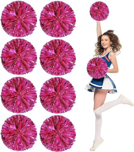 8er-Pack Pom Poms Cheerleading, Flauschige Cheerleader-Pompons mit fingerfreundlichem Ring, metallische Pom Poms Cheerleading für Kinder Erwachsene Sportwettbewerb Feiertagsfeier, Pink