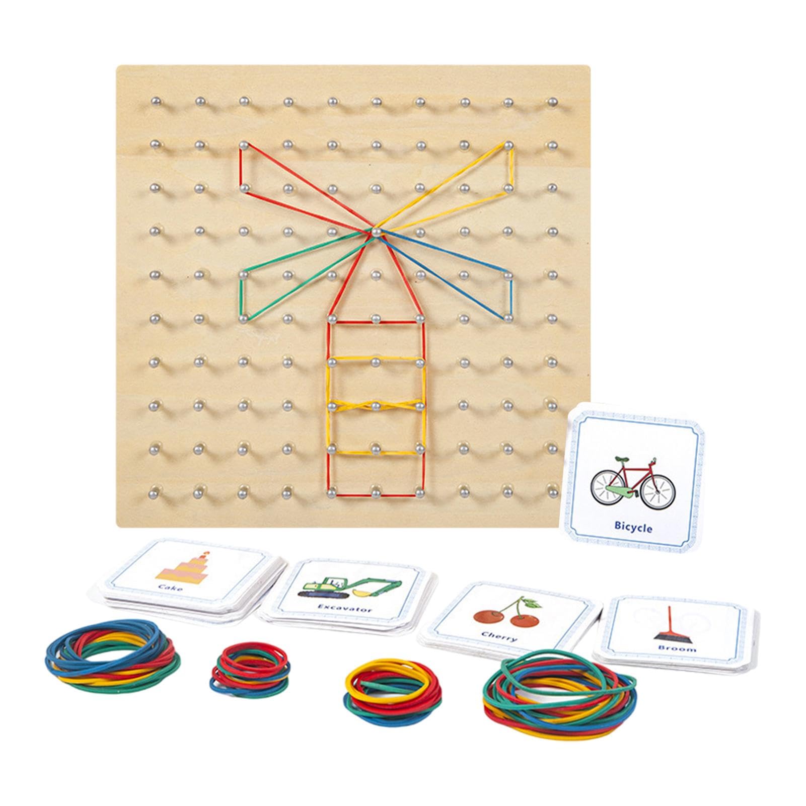 Geo-Bretter für Geoboard, Lernbrett aus Holz, elastisches Brett, kreatives Geoboard-Spielzeug, frühes Lernspielzeug mit 50 Motivkarten und 80 elastischen Ringen