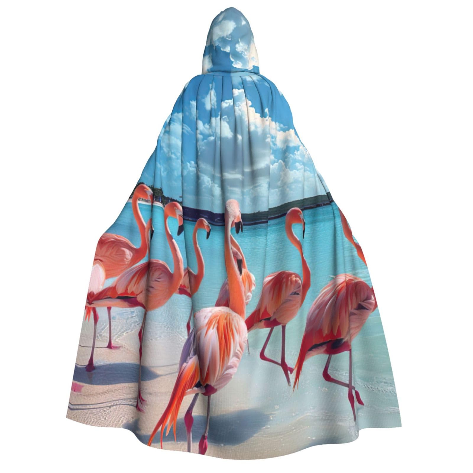 WURTON Flock of Red Flamingos on The Beach Print Unisex Hooded Cape Halloween Carnival Vampire Cosplay Cloak Hooded Cloak Costume