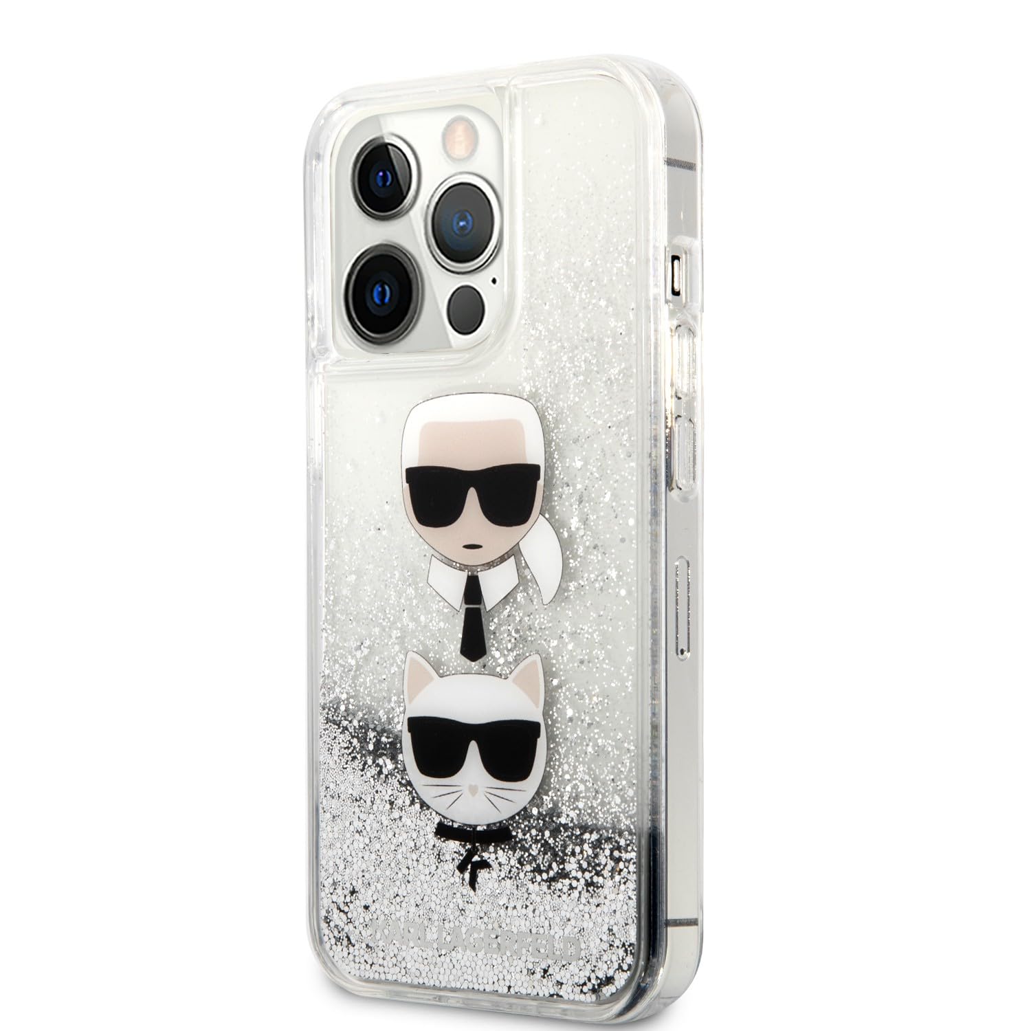 KARL LAGERFELD KLHCP13XKICGLS Handyhülle für iPhone 13 Pro Max 6.7" Silber Liquid Glitter Karl & Eule Head Hülle