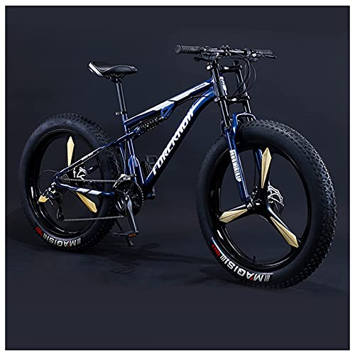 REOTEL 26 Zoll Mountainbike Herren Damen Mountainbike Fatbike, 7/21/24/27/30 Gang-Schaltung Erwachsene Fette Reifen Fahrrad, Rahmen Kohlenstoffstahl Vollfederung Bike,Blue 3 Spoke,7 Speed