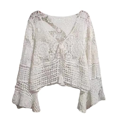 SOUTHJIELING Damen Flared Long Sleeve Tie Up Drawstrings Crop Top Hollowed Crochet Knitted Loose Beach Up Shirt Sheer Blouses