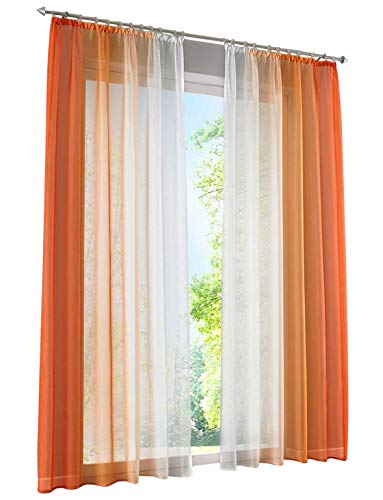 2 Stück Gardinen mit Farbverlauf Design Vorhang Voile Transparent Dekoschal (BxH 140x175cm, Orange mit Kräuselband)