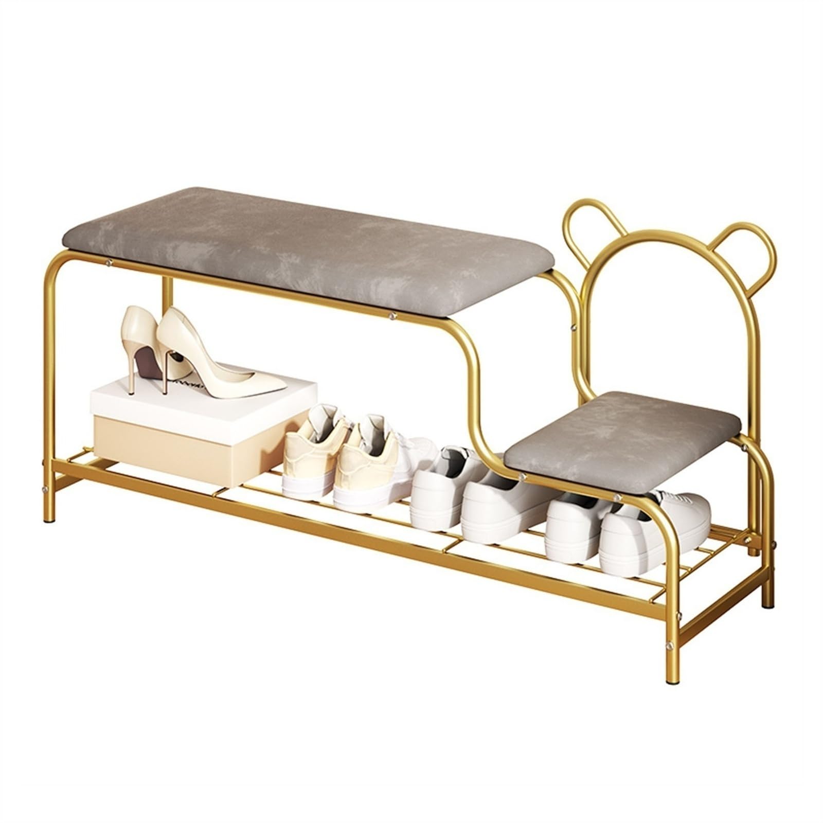 Platzsparender Schuhschrank Schuhregalbank for den Eingangsbereich, moderne goldene Schuhbank, 2-stöckiges Schuhregal aus Metall mit offenem Ablagefach und Schwammsitzkissen Schuhaufbewahrung(100x32x4