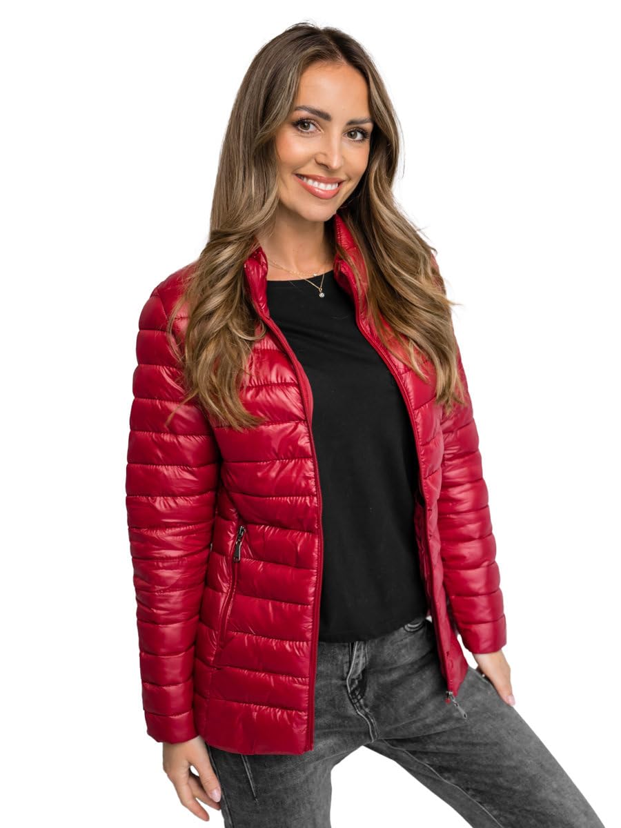 BOLF Damen Übergangsjacke Steppjacke Stehkragen Daunenjacke Reißverschluss Sportjacke Zip Wärme Freizeit Sport Basic Outdoor Casual Style 16M9108 Weinrot L [D4D]