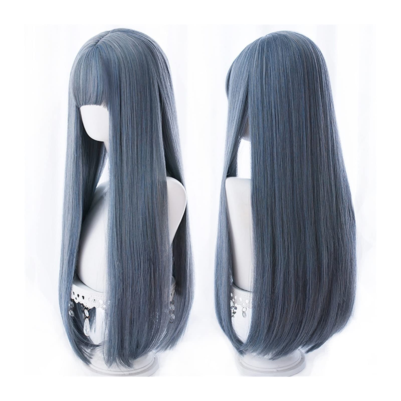 Perücken Perücke mit langem glattem Haar for Frauen, naturgrau, blau, gerade Perücke mit Pony, Hochtemperatur-Synthetikperücke for Halloween, Cosplay-Party Damenperücke