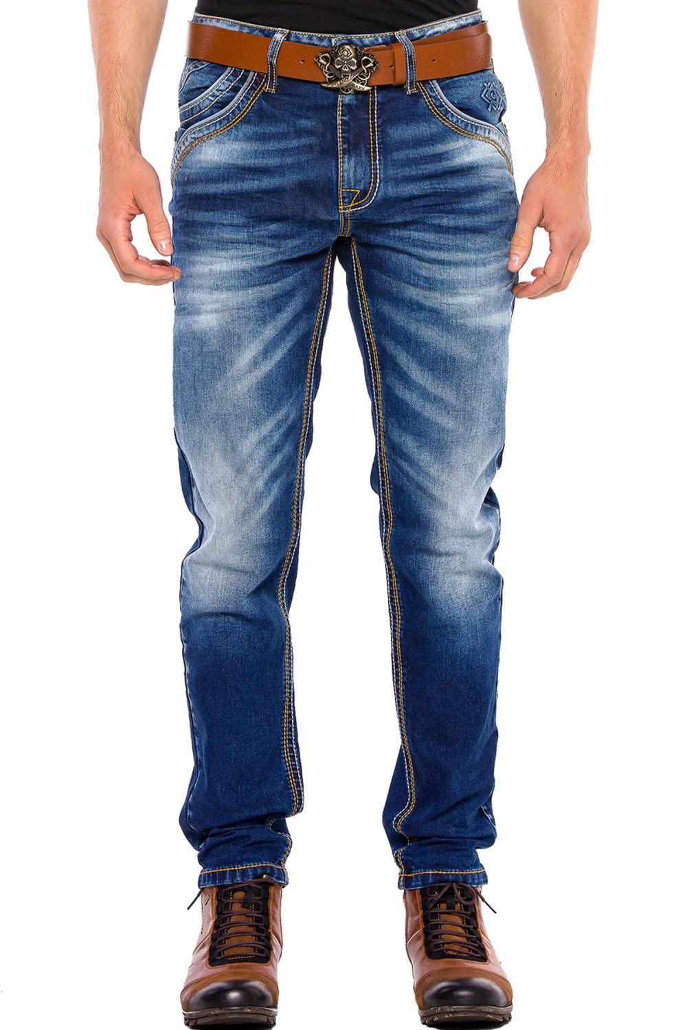 Cipo & Baxx Herren Jeans Hose Regular Slim Fit Denim Jeanshose Dicke Naht Blau W32 L32