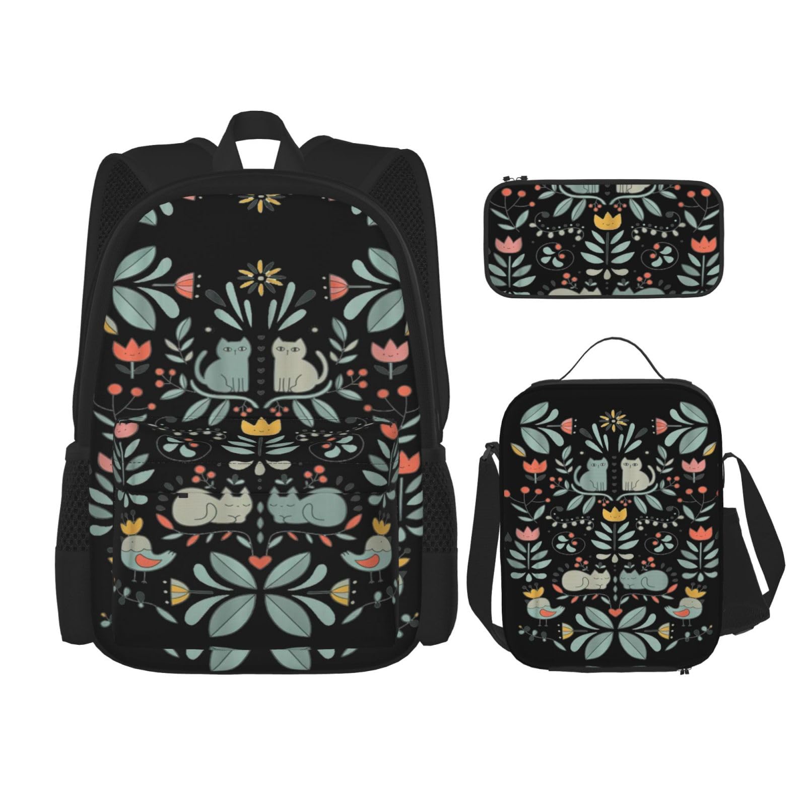 WURTON Lustige Katzen Vögel und Blumen Druck Rucksack Mädchen Jungen Schultaschen Teenager Lunchbox und Federmäppchen 3-in-1 Büchertaschen-Set