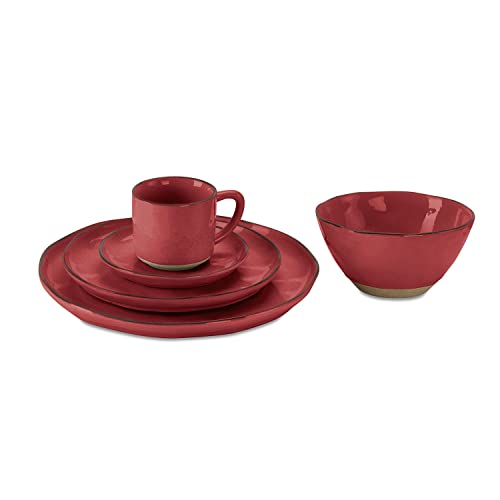 LOBERON Geschirr 30er Set Biarré, große und kleine Teller, Tassen, Unterteller und Schüsseln, mediterraner Charakter, spülmaschinenfest, Tischaccessoires, Steinzeug, rot