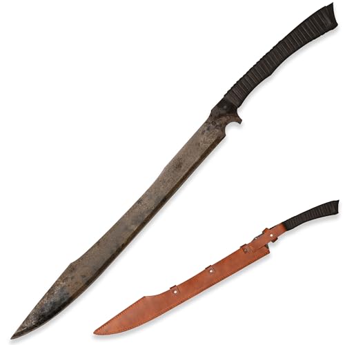 LQZJG 0168 Handgemachte Guss Mangan Stahl 52HRC Weidenblatt Schwert scharfe Machete, Full Tang, im Freien, Jagd, Camping, Wandern, Überleben, Lederscheide, 34.3 Zoll