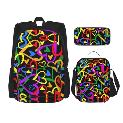 WURTON Gay Pride 3-in-1 Büchertaschen-Set, verstellbarer Schulterrucksack, Lunch-Tasche, Federmäppchen, Tasche, Schwarz, Einheitsgröße, Schwarz , Einheitsgröße