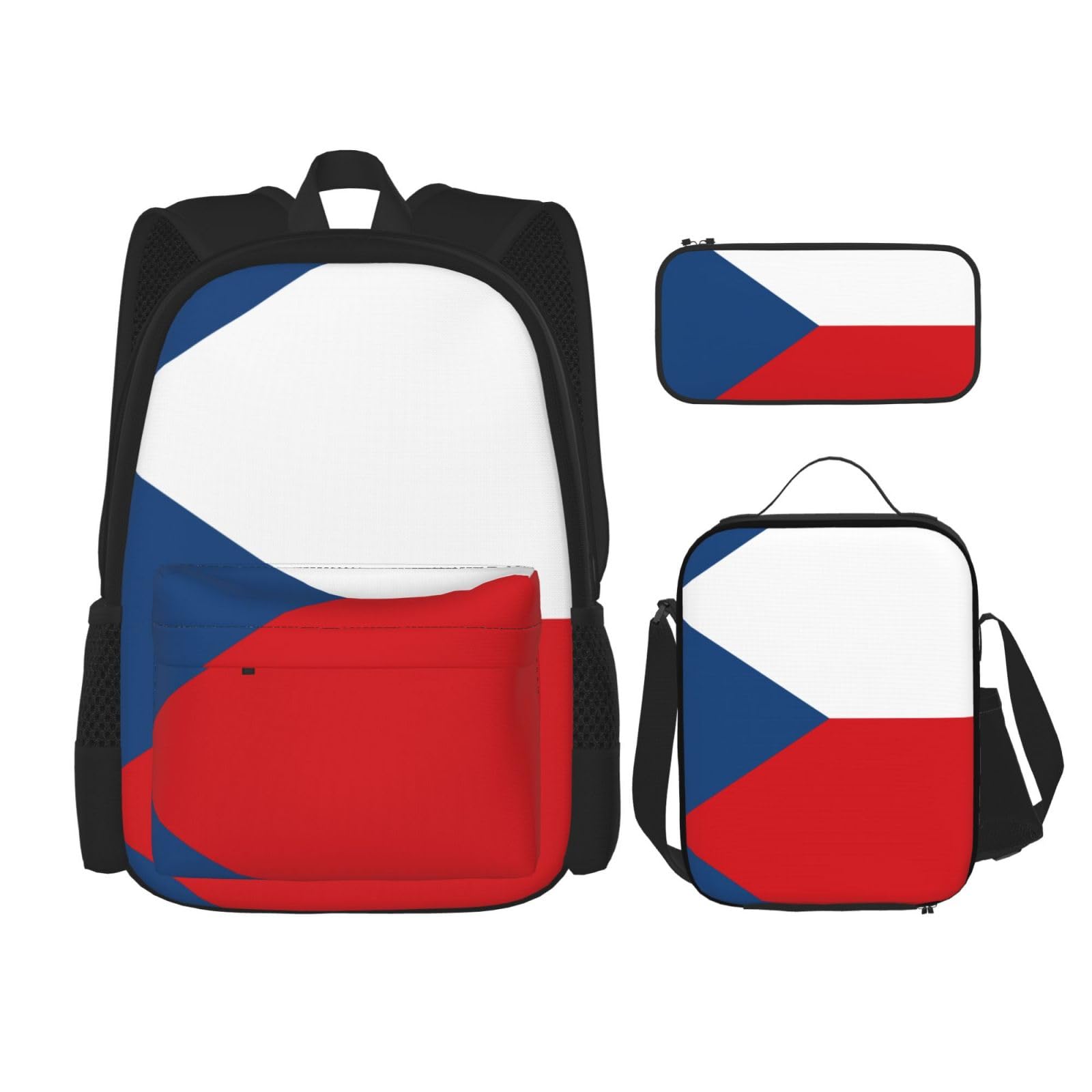 WURTON Reise-Lunchbox, Federmäppchen, Rucksack-Set, 3-teilig, verstellbare Riemen, leicht, Motiv: Flagge der Tschechischen Republik, Schwarz, Einheitsgröße