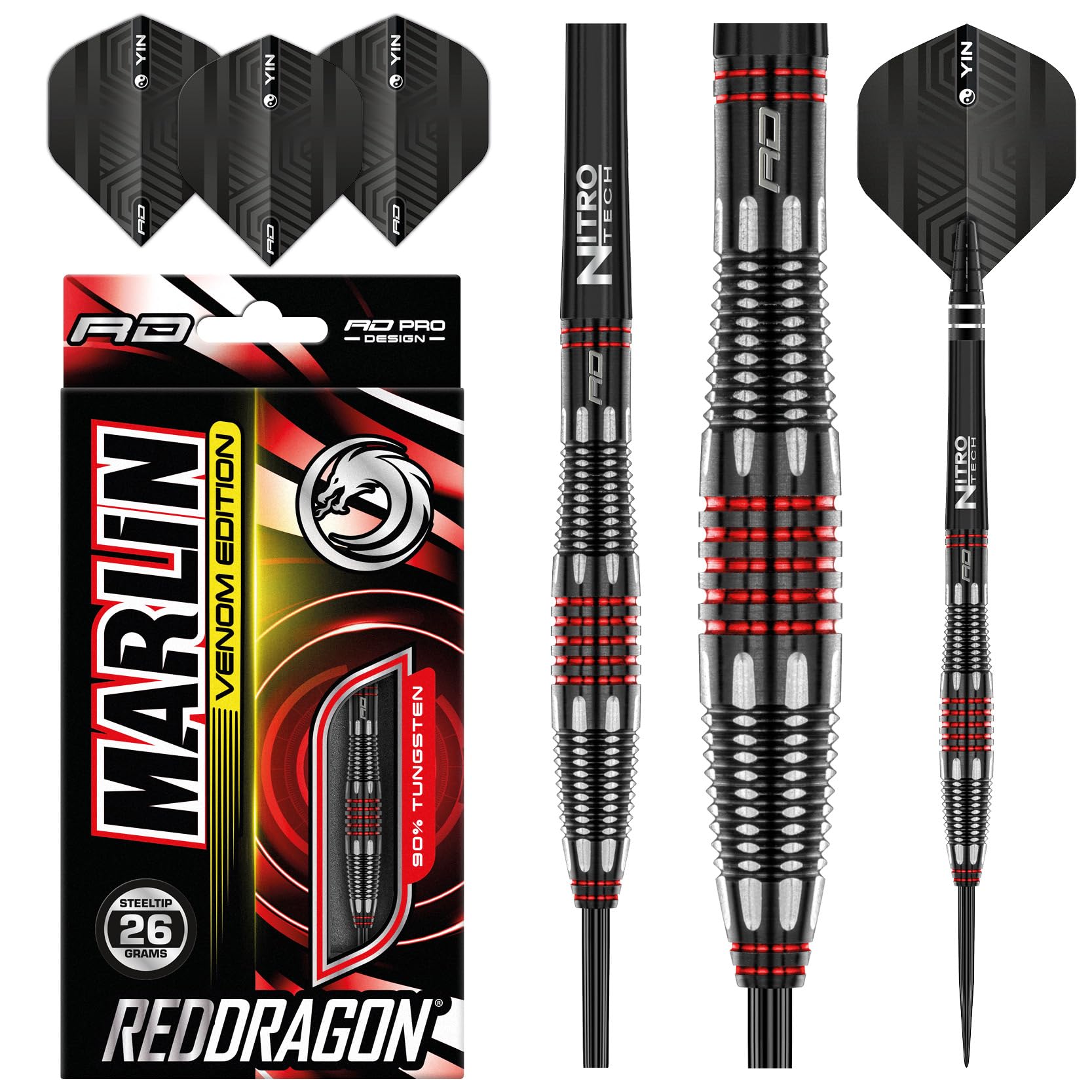 RED DRAGON Marlin Venom 26 Gramm Premium Wolfram Steeltip Dart Set mit Flights und Schäften