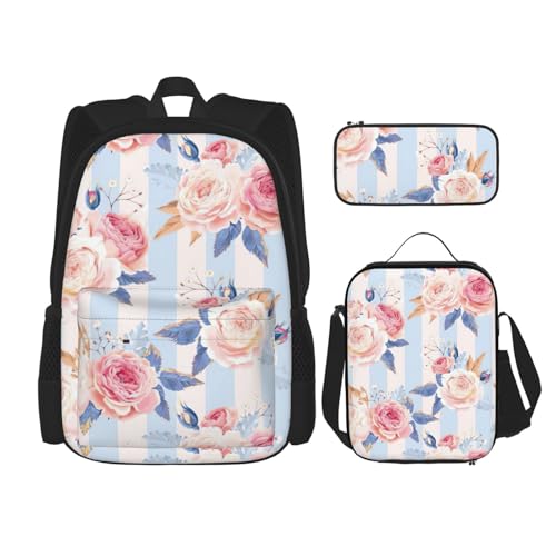 WURTON Schulterrucksack, 3-in-1, Büchertaschen-Set, Lunchbox, Federmäppchen, Reise-Laptop, Tagesrucksäcke mit Blumenmuster, gestreift