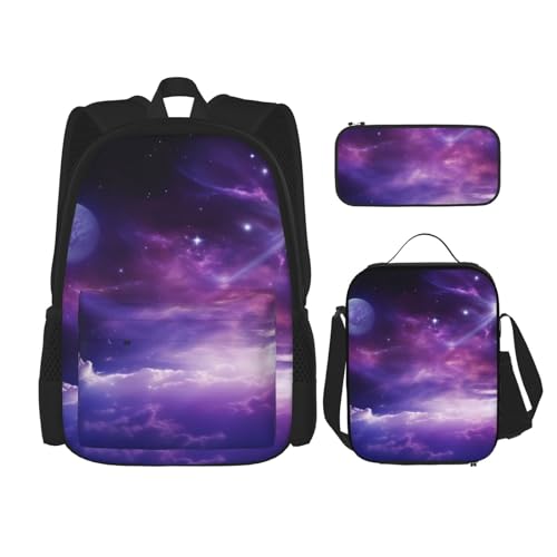 DENMER Mehrzweck-Schultasche mit japanischer Malerei, Pilz, mit passendem Federmäppchen und Lunch-Tasche, Ihre stilvolle All-in-One-Lösung, Galaxy Starry Space Purple Starry, Einheitsgröße