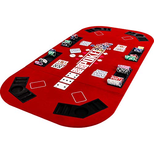 GAMES PLANET Faltbare Pokerauflage „Straight“ für bis zu 8 Spieler, Maße 160x80 cm, MDF Platte, 8 Getränkehalter, 8 Chiptrays, rot