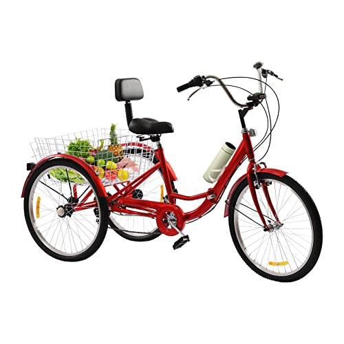 MIIWWOWO 24 Zoll Dreirad für Erwachsene Dreirad Fahrrad Erwachsene Dreiräder Fahrrad mit 3 Rädern für Erwachsene, 7 Gang Dreirad Klappbar Tricycle for Adults mit Korb & Licht (Rot)