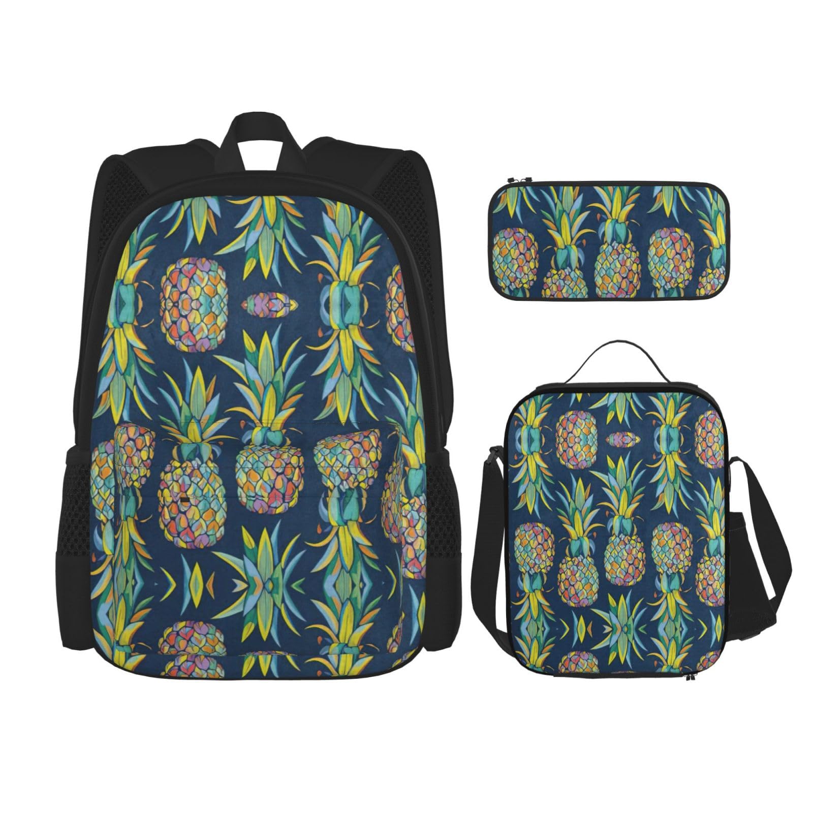 WURTON Rucksack mit tropischen Früchten und Ananas, für Mädchen, Jungen, Schultaschen, Teenager, Lunchbox und Federmäppchen, 3-in-1-Büchertaschen-Set