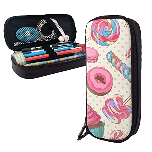 YFSGDLBN Sweet Lollipop Cupcake bedrucktes Leder-Federmäppchen, tragbare Schreibwaren-Tasche, praktischer Organizer, Schwarz , Einheitsgröße, Münzfach