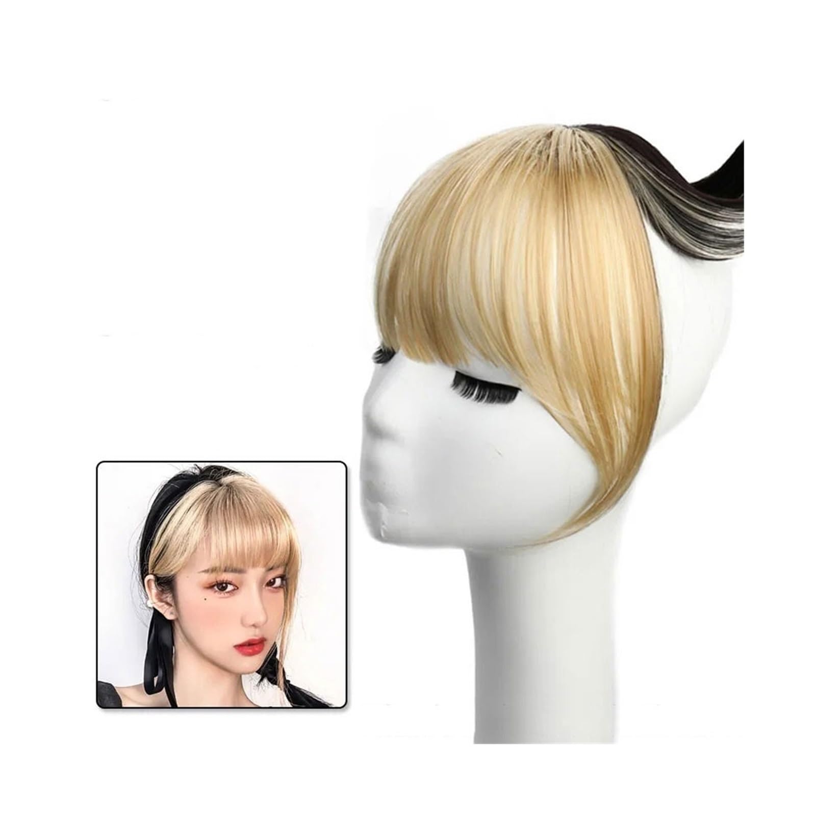 Pony Extension für Damen 3D-Französisch-Pony-Perücke mit natürlicher und nahtloser Stirn, unsichtbaren rosa Highlights, oberer Haaraufnäher, Air Bangs Fringe Bangs(1B/27HL)