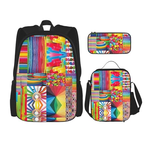 WURTON Farbenfroher Collage-Druck, trendige Rucksacktaschen, Lunchbox und Federmäppchen, 3-in-1, verstellbares Rucksack-Set, Schwarz , Einheitsgröße