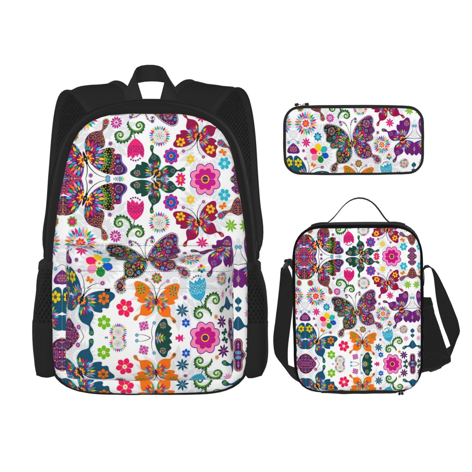 WURTON 3-in-1-Set mit Frühlingsblumen-Schmetterlings-Druck, lässig, verstellbar, Schulter-Rucksack, Lunch-Tasche, Federmäppchen, Beutel, Schwarz, Einheitsgröße