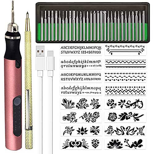 KEALBAUS Wiederaufladbare Kabellose Mini Gravieren Stift DIY Gravieren Werkzeug Kit für Metall Glas Keramik Kunststoff Schmuck Schablonen A