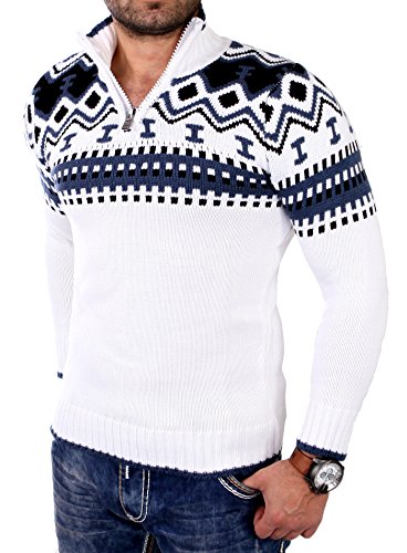 Reslad Herren Strickpullover Crewneck Zipper Norweger Pullover RS-3110 Weiß M