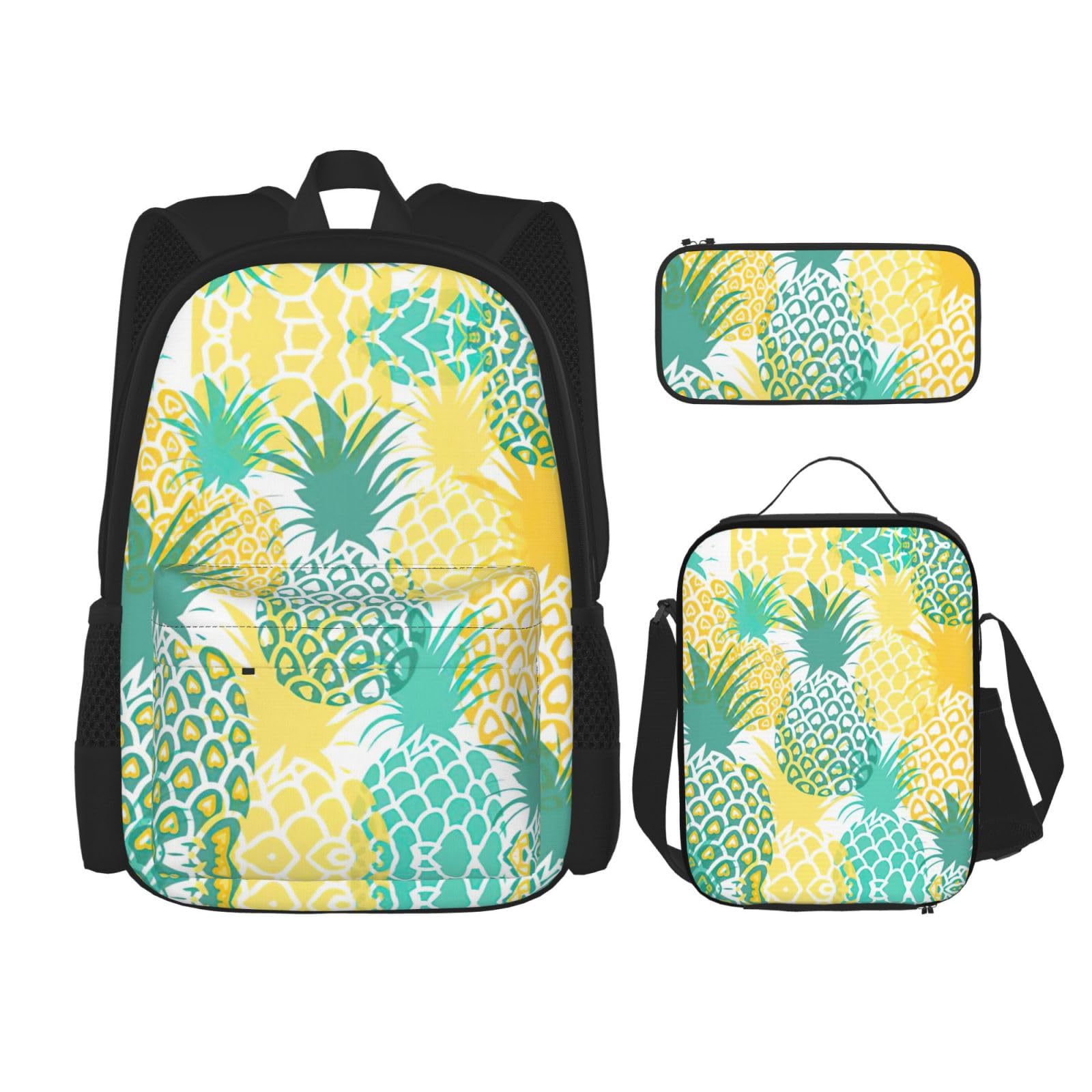 WURTON Rucksack mit tropischem Ananas-Druck, für Mädchen, Jungen, Schultaschen, Teenager, Lunchbox und Federmäppchen, 3-in-1-Büchertaschen-Set