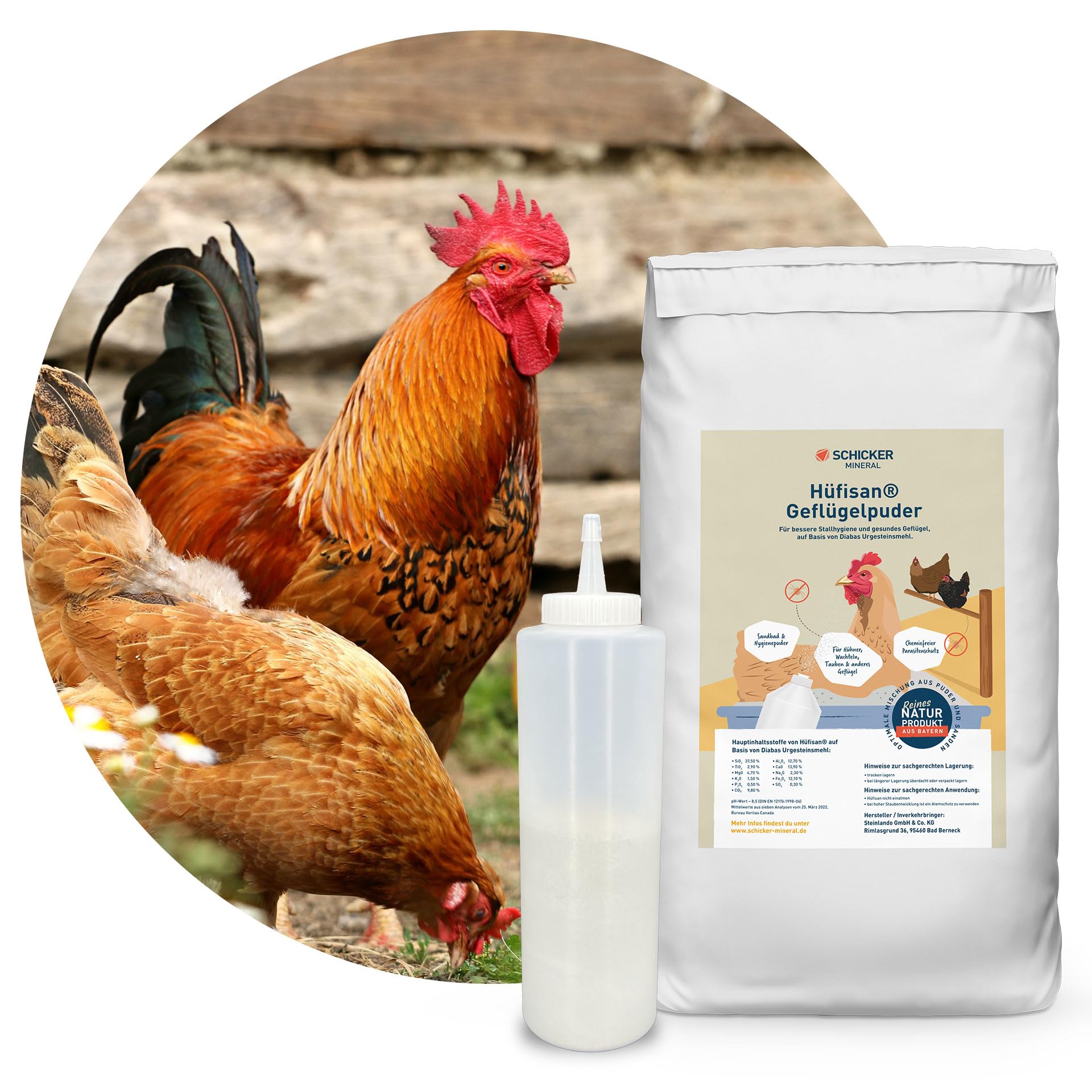 Schicker Mineral Hüfisan Hygiene-Kombi 10 kg, Puder aus feinstem Diabas Urgesteinsmehl bekämpft natürlich Milben & Schädlinge, für Stall & Gehege, für Hühner, Wachteln, Enten, o.Ä.