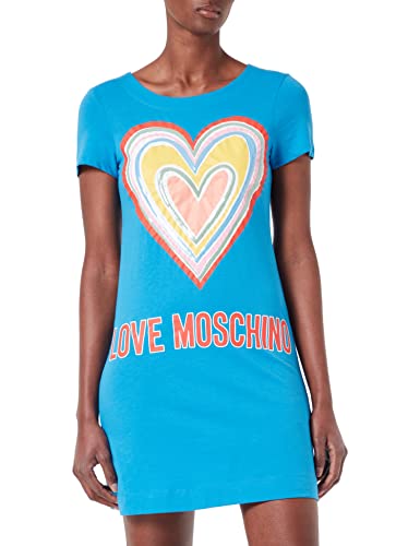 Love Moschino Womens A-line Dress in Cotton Jersey with Maxi Multicolor Heart Kleid, Light Blue, 42