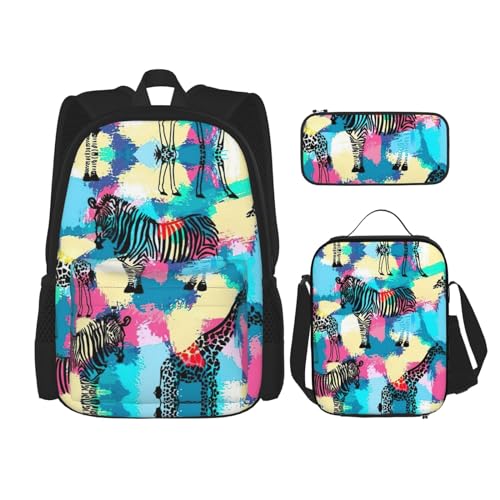 WURTON Schulrucksack-Set mit buntem Zebramuster, 3-in-1, mit Lunchbox, Federmäppchen, Reise, Laptop, Tagesrucksack