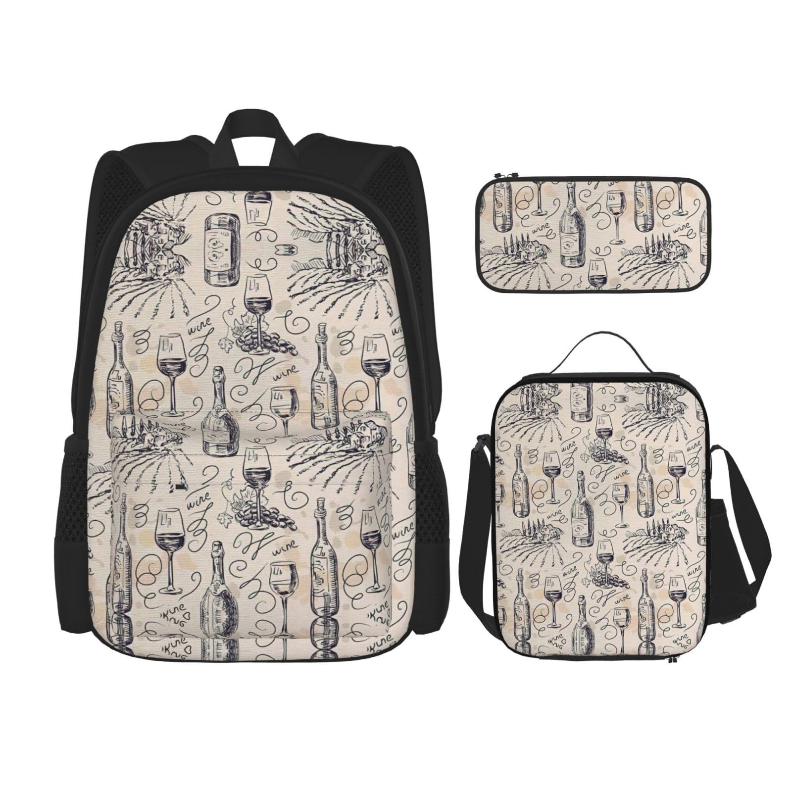 Wein- und Weinherstellung Weingut Traubenfeld Druck Rucksack Mädchen Jungen Schultaschen Teenager Lunchbox und Federmäppchen 3 in 1 Büchertaschen Set