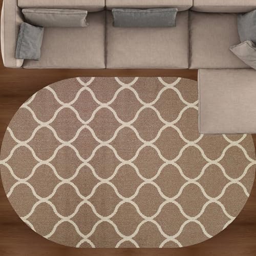 KTYUTJDH Teppich Wohnzimmer Kurzflor Weich Waschbar Zimmer Deko aesthetic Schlafzimmer,Braun Beige Geometrisches Gitter Modernes Design,Brown,Oval 110 x 200 cm