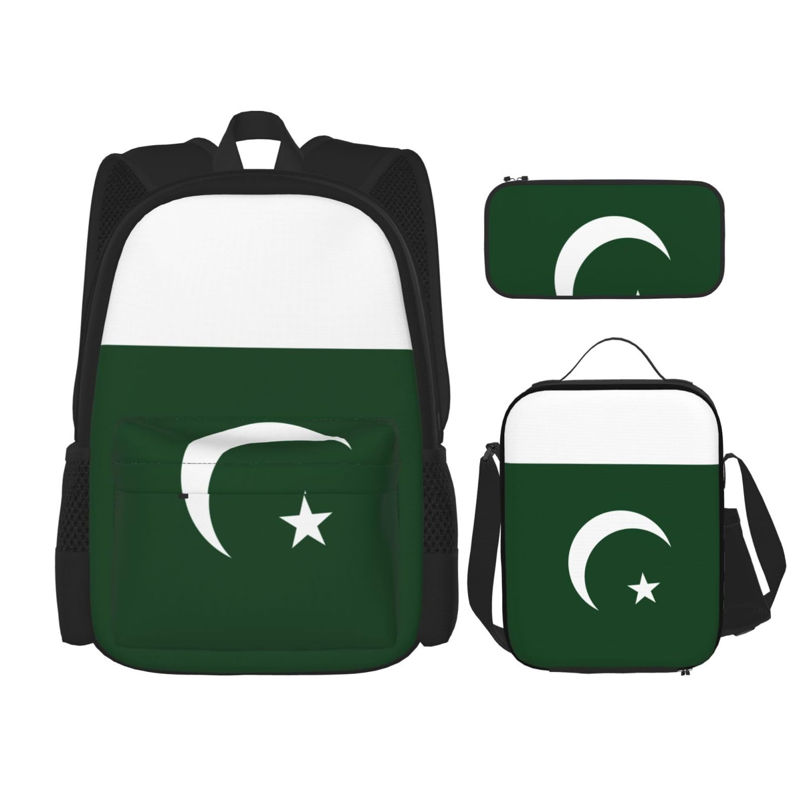 WURTON Flagge Pakistans Druck Reise Lunchbox Federmäppchen Rucksack Set 3 Stück Verstellbare Träger Leicht, Schwarz, Einheitsgröße, Schwarz, One Size