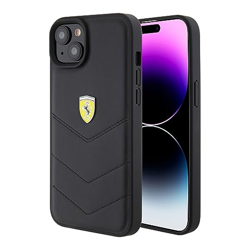 CG MOBILE Ferrari Handyhülle kompatibel mit iPhone 15 Plus in Schwarz mit genähten Linien, Echtleder-Schutzhülle & strapazierfähige Hülle mit einfachem Snap-on, Stoßdämpfung und Signatur-Logo