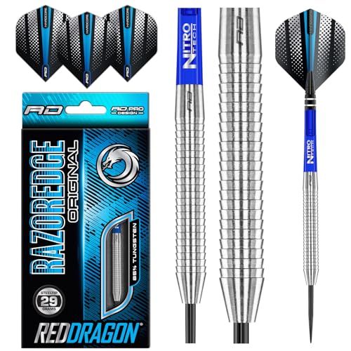 RED DRAGON Razor Edge Original Steel Dartpfeile 29 Gramm Profi Steeldarts Set, 3 x Steel Darts mit Flights und Schäfte