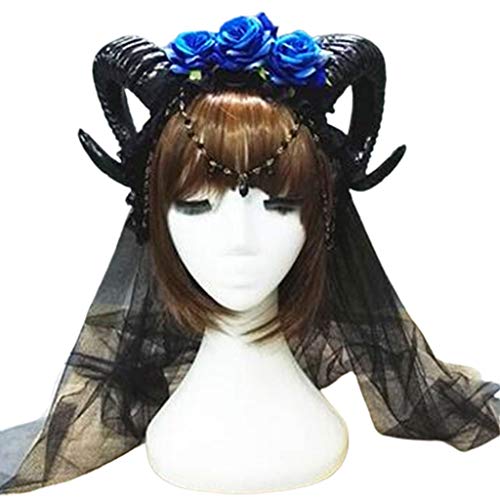 Avejjbaey Halloween Stirnband Horn Rose Haar Hoop Schleier Cosplay Kopfbedeckung