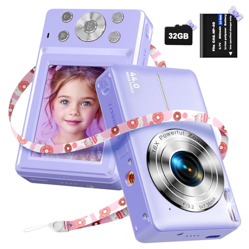 Digitalkamera mit 32G Micro SD-Karte, 1080P Kinderkamera 44MP HD Fotokamera Kompaktkamera mit 2,4" LCD Bildschirm 16X Digitalzoom und 1 Batterie für Kinder, Studenten, Anfänger-Lila