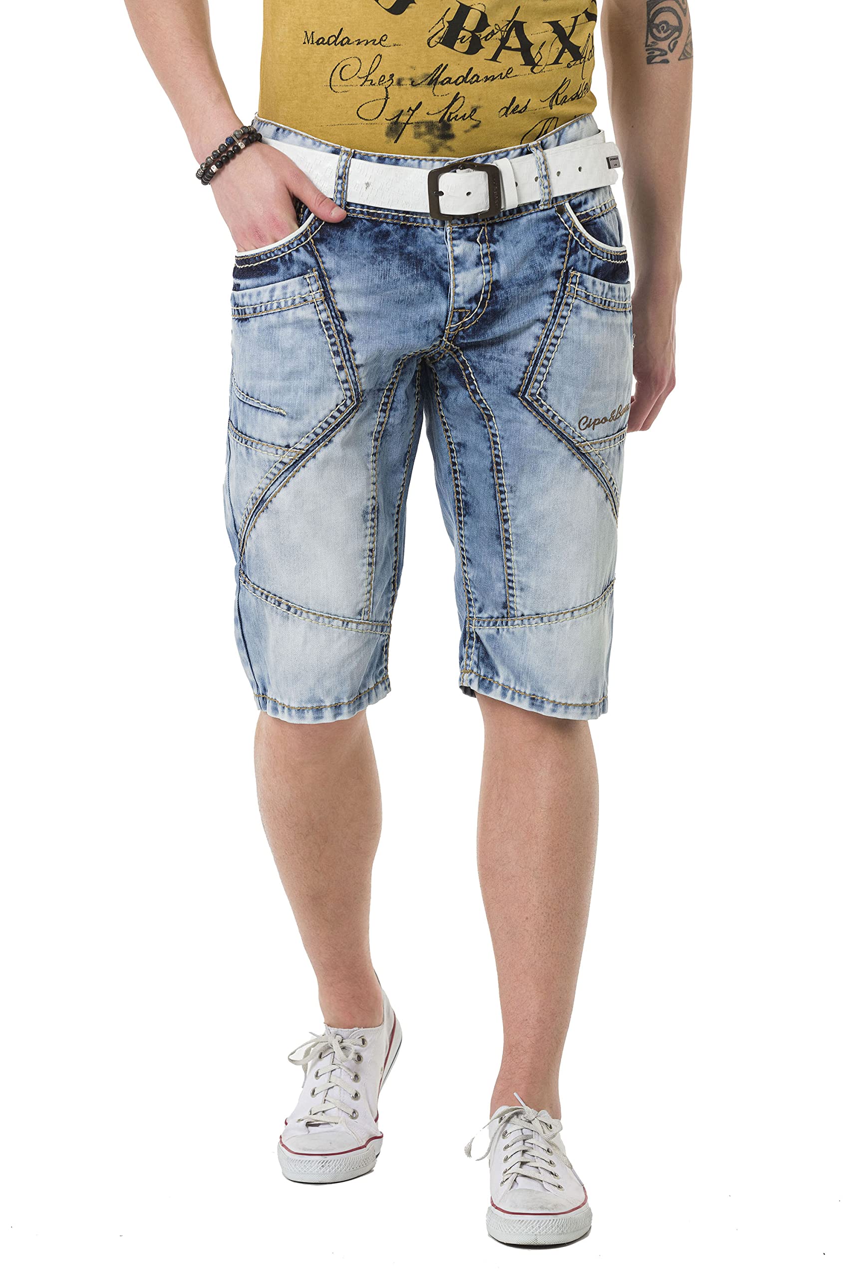 Cipo & Baxx Herren Jeans Shorts Kurze Hose Bermuda Capri Waschung Nahtdesign Denim Freizeitshorts CK270 Blau W29