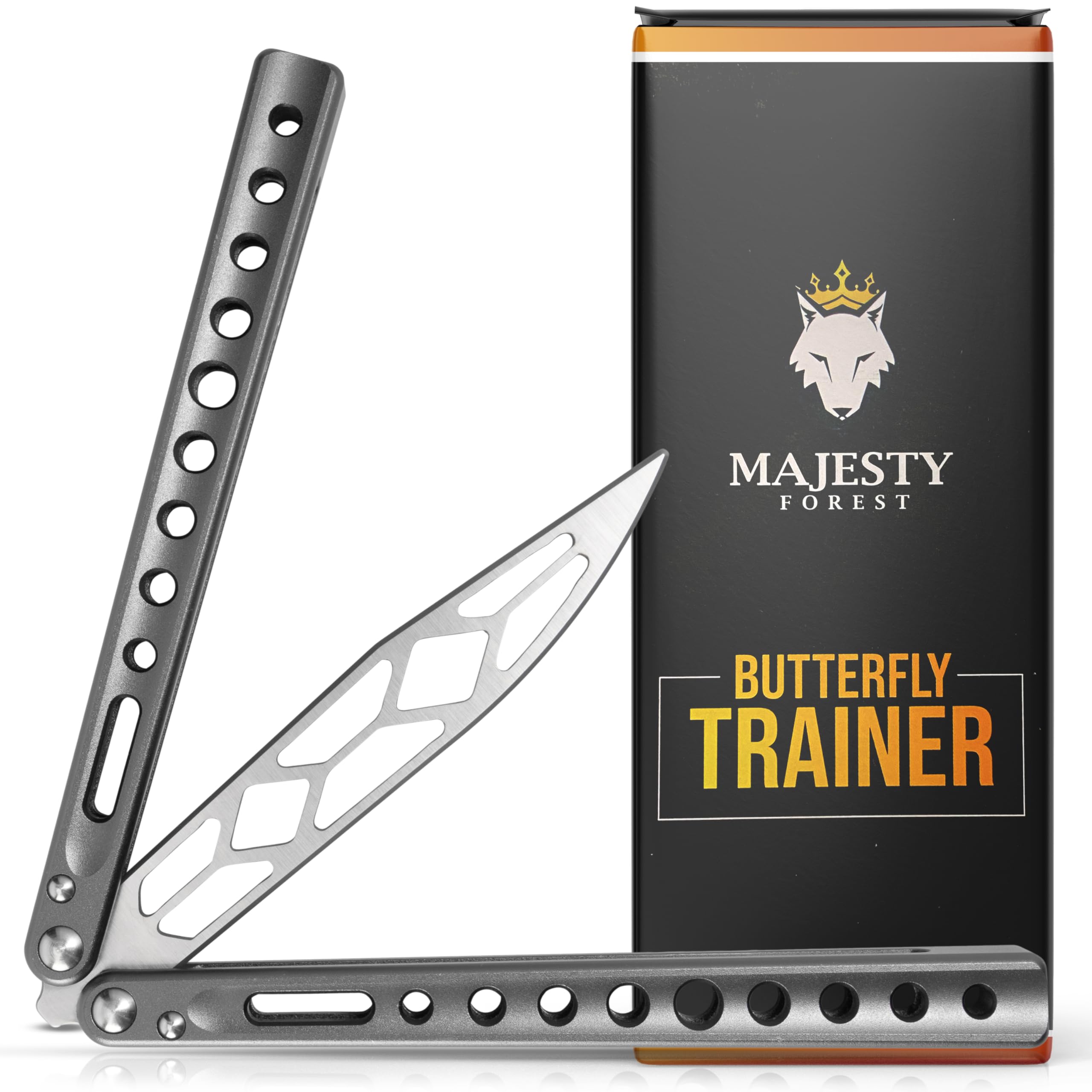 MAJESTY FOREST® Profi Butterfly Trainer (Grau) - Made with CNC aus Aluminium - Legales Balisong Messer mit stumpfer Klinge als Trainingsmesser - Inkl. Zubehör