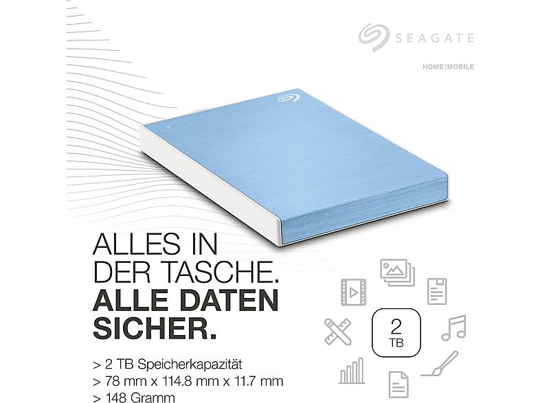 SEAGATE One Touch mit Passwort Festplatte, 2 TB HDD, 2,5 Zoll, extern, Hellblau